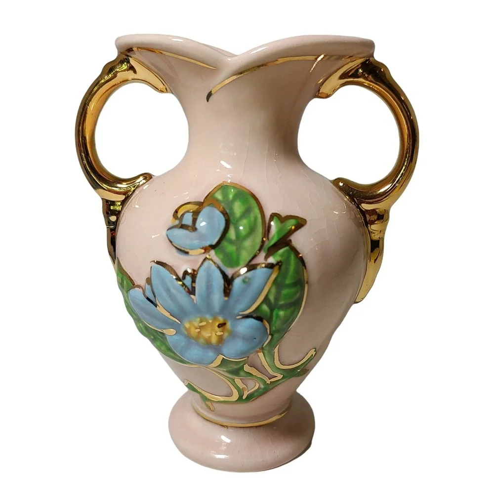Vintage Hull Pottery Vase Double Handle Pink Magnolia Made In The USA 5.5 in SEE